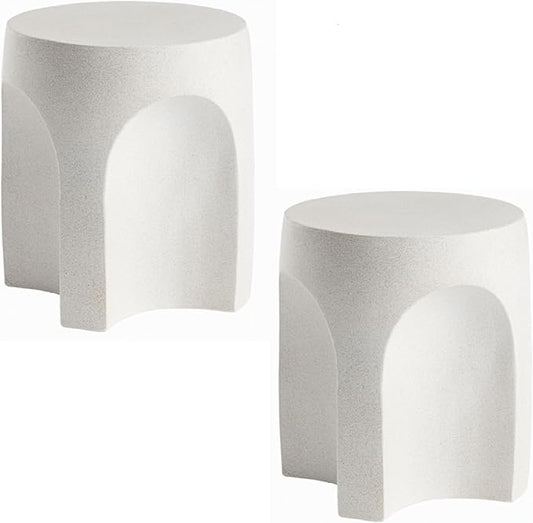 SUNBURY Outdoor Side Tables Set of 2, Concrete Accent End Table, Indoor Small Round Patio End Plant Stands Outside, Garden Stools for Yard, Arch Shape Spotted White