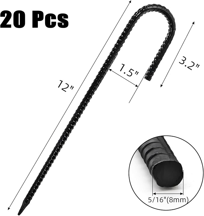 Hacaroa 20 Pack 12 Inch Rebar Stakes Heavy Duty, J Hook Ground Anchors Metal Tent Stakes, Steel Garden Stake for Camping, Canopies, Chain Link Fences, Trampolines, Black