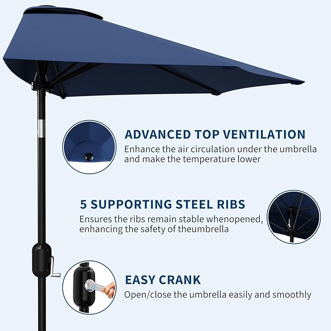 Garvee Patio Umbrella 9FT - Half Umbrella Outdoor with Smooth Crank Lift, Outdoor Shade Canopy for Patio, Backyard, Garden, Deck, Balcony -Navy Blue