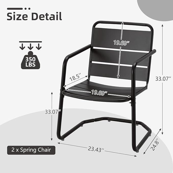 MELLCOM Patio Chairs Set of 2, Small Patio Furniture Set - 2 C-Spring Metal Chairs, Outdoor Bistro Set for Balcony, Front Porch, Poolside, Garden, Deck, Indoor, Black