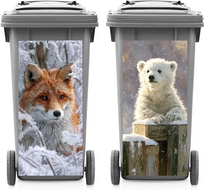 2PC Trash Can Sticker 14.57 x 32.28 Inch Polar Bear and Fox Design Winter Forest Theme Decorative Garbage Bin Cover Outdoor Trash Can Decal Art for Home Yard Garden Christmas Decoration
