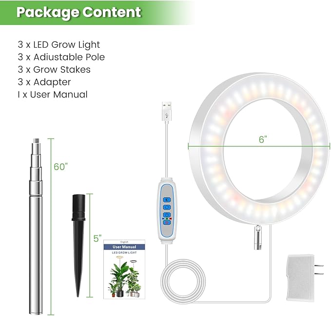 6.3in Grow Light, 80 LED Full Spectrum Halo Plant Lights for Indoor Growing, Height Adjustable 10"-65" Growing Lamp, Auto Timer 6/12/16Hrs, 3 Lighting Modes, Idea for Large Plant, 3 Pack