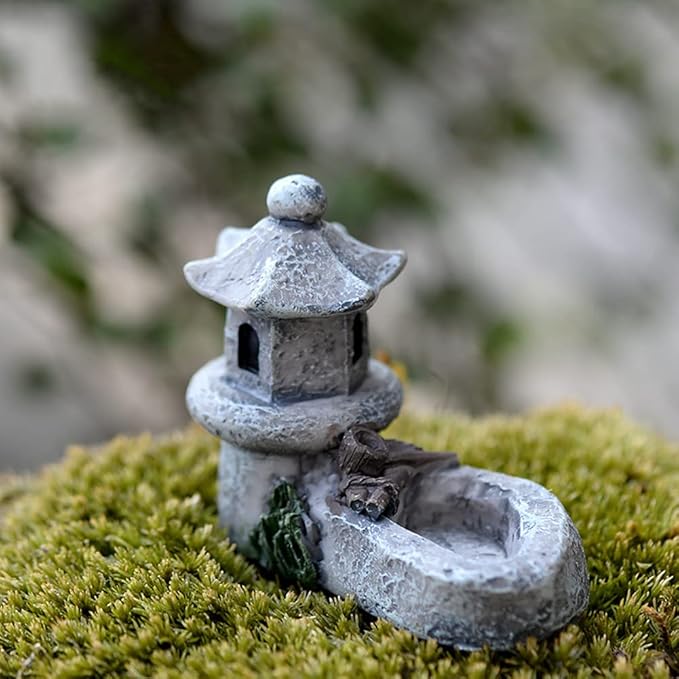 MAOMIA 4 Pcs Mini Retro Pond Tower Figurines Miniature Garden Stone Tower Craft Terrarium Figurine Micro Landscape Indoors Outdoors Decorative Accessory