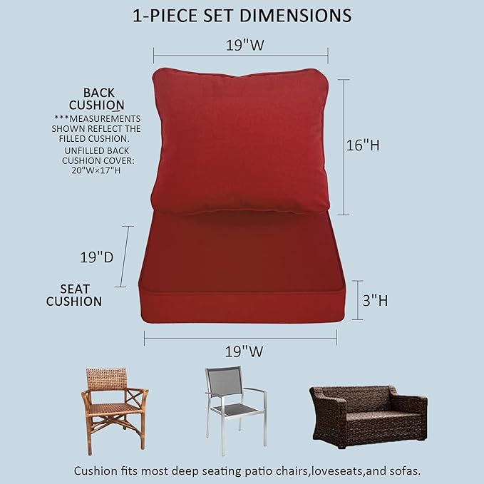 19"x19" Outdoor Universal Cushion Set of 1, Patio Cushions with Handles & Ties, Water-Proof Stain-Resistant UV Resistant Weather Resistant High Resilience Foam,Chili