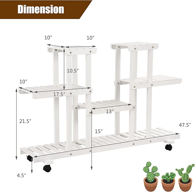 Giantex Rolling Flower Rack Wood Plant Stand on Wheels 6 Wood Shelves 12 Pots Bonsai Display Shelf Indoor Outdoor Yard Garden Patio Balcony Living Room Storage Rack Bookshelf Hollow Shelves (White)