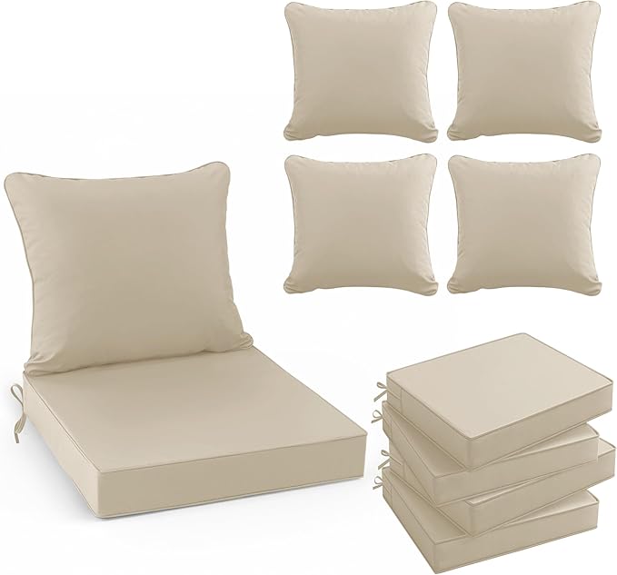 Outdoor Chair Cushion Weather Resistant, Backrest and Seat Cushion Set for Patio Furniture with Waterproof Removable Cover, 19 x 19 Inch, Cream, Set of 4