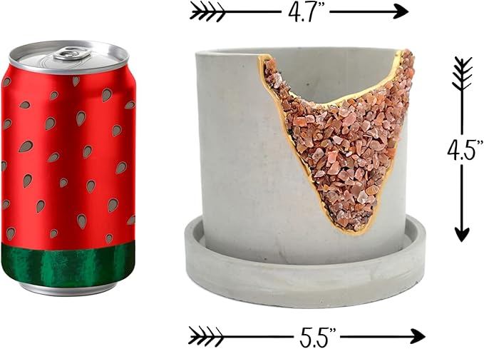 4” Crystal Plant Pot with Saucer - Cement Geode Planter - Concrete Pots for Plants - Modern Succulent Pot Indoor - Unique Air Plant Holder - Candle Holder - Small Plant Home Decor (Orange Carnelian)