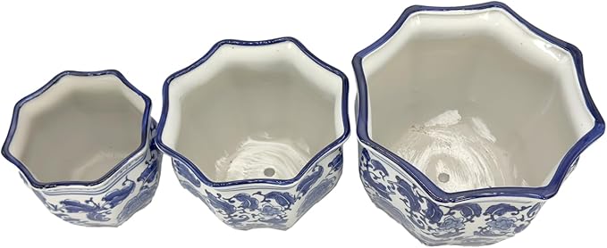 Galt International Blue & White Round Fluted Classic Floral Porcelain Ceramic Plant Flower Planter Pot Set of 3 (7.5", 10", 13") Garden Pots Chinese Asian Design