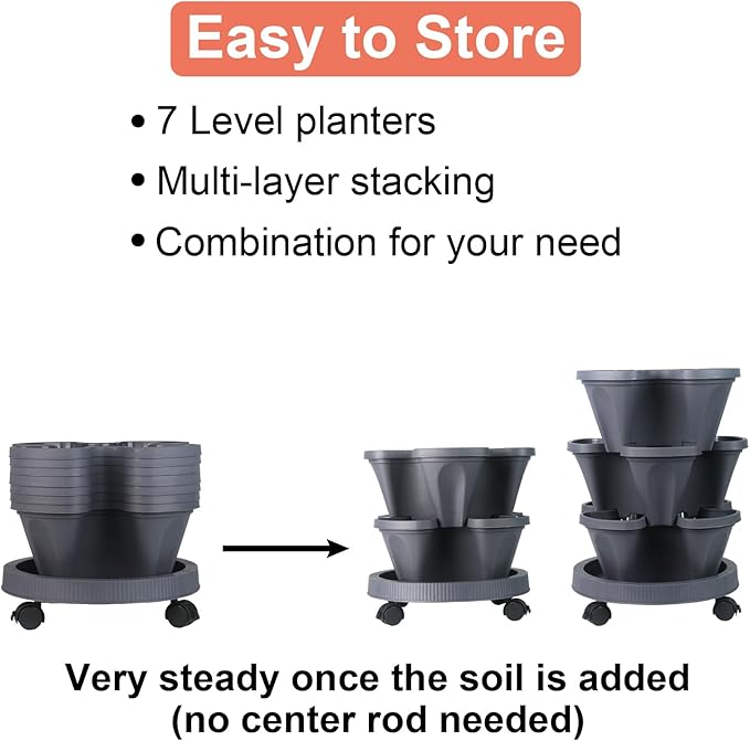 GameXcel Vertical Planter Tower- 7 Tier Stackable Garden Planter with Wheels and Tool Set – Grow Strawberries Herbs Flowers and Vegetables - Indoor Outdoor Use Dark Gray