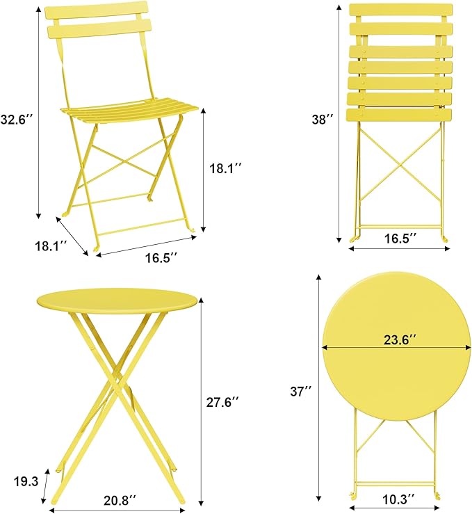 Bistro Table and Chairs Set of 2, 3 Piece Outdoor/Indoor Folding Patio Bistro Sets, 2 Chair Patio Furniture Set with Table, Premium Frame Foldable Coffee Tables for Balcony, Yard, Garden, Yellow