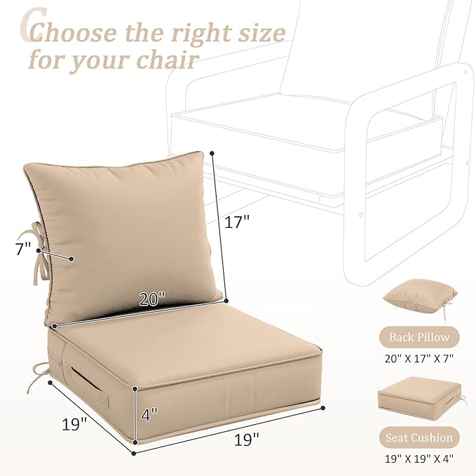 Outdoor Patio Chair Cushions Set 19 L X 19 W X 4 H Inch Waterproof & Fade Resistant Deep Seat and Back Cushions with Removable Covers Outdoor Seat Cushion Set for Chairs and Sofas