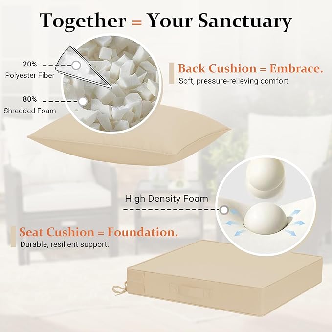 downluxe 19x19 Outdoor Chair Cushions, Waterproof Fade Resistant Patio Furniture Cushions with Handle & Removable Cover, Deep Seat Outdoor Cushions for Sofa, Couch and Patio Chairs, Beige