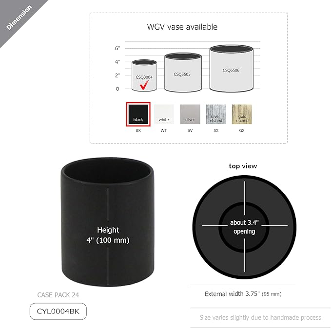 WGVI Matte Black Ceramic Cylinder Vase Width 3.75" Height 4", Flower Arrangements, Candle Holder, Terrarium Planter Pot, Tabletop Storage Container Organizer Pen Brush Holder, Bulk Wholesale, 24 Pcs