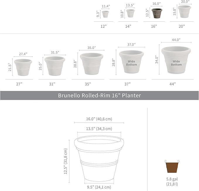 Crescent Garden Brunello Classic Rolled Rim Planter Pot, Indoor/Outdoor Weather-Safe Round Plant Pot, 16'' (Weathered Concrete)