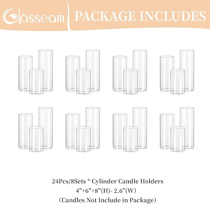 Glasseam Hurricane Pillar Candle Holder Bulk 24, Clear Candle Holders for Pillar Candles, Glass Cylinders for Floating Candles, Modern Floating Candle Vases for Centerpieces Wedding Dining Home Decor