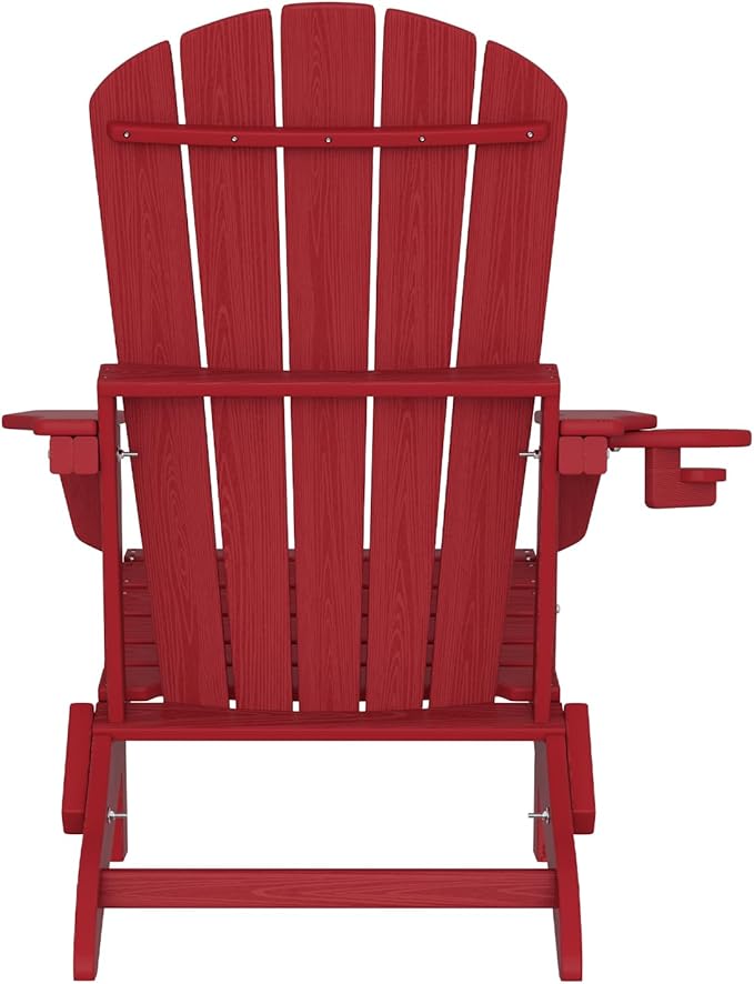 Plawdlik Folding Adirondack Chair Set of 6 with Cup Holder，Wooden Textured ，Heavy All-Weather HDPE Comfortable Set Poolside Backyard Lawn, Red