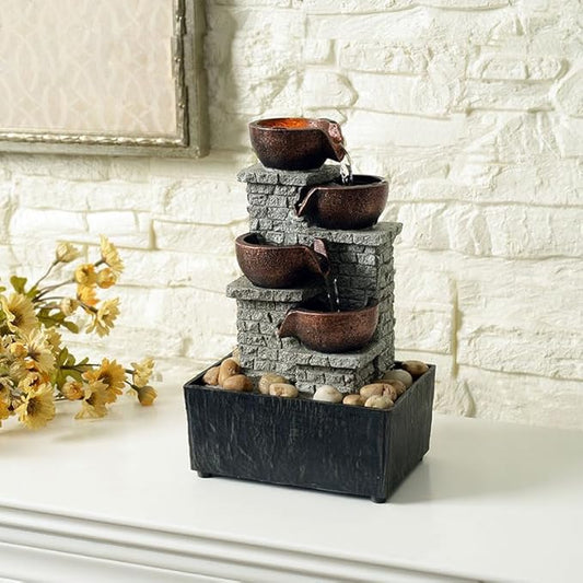 Kalona Tabletop Waterfall Fountain, 4-Tier Indoor Water Fountain, Cascading Bowl with LED Lights and Rocks for Home Office Decoration, Relaxing Desk Fountains(21132B)