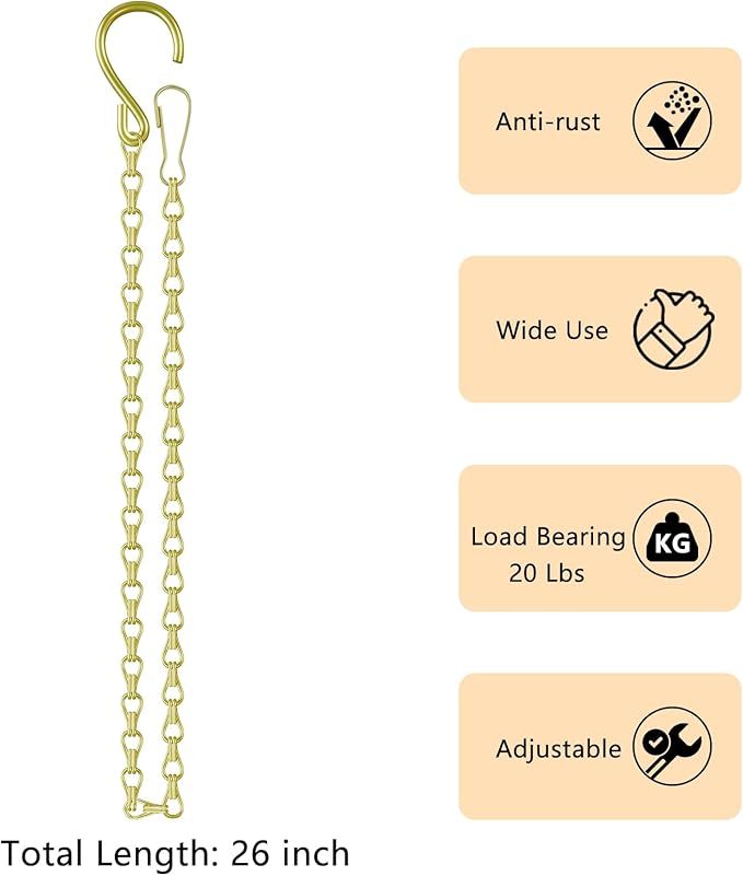 garini 26 Inch Hanging Basket Chain with Hooks, Gold Hanging Chain for Hanging Bird Feeders, Billboards, Chalkboards, Basket, Planters, Lanterns, Wind Chimes and Decorative, 4 Pack