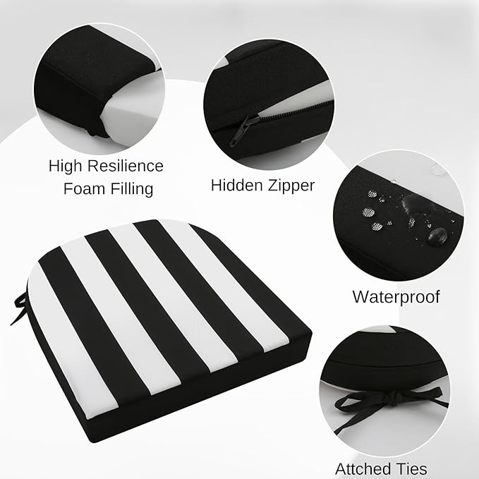 idee-home Outdoor Chair Cushions Set of 2, Thick 19" x 19" x 3" Patio Chair Cushions for Outdoor Furniture Waterproof with Ties, Outdoor Seat Cushion, Patio Chair Pads Dining Chair Black Stripes