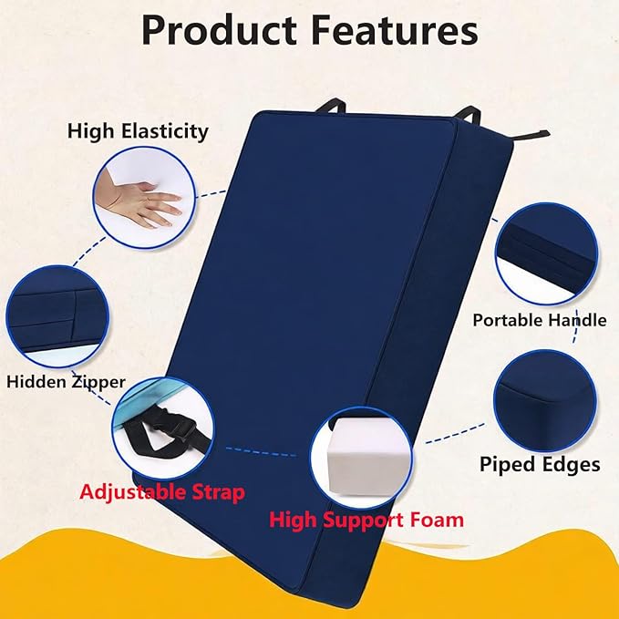 Patio Chair Cushion 20x20 inch Waterproof Outdoor Seat Cushions for Patio Furniture Fade Resistant Garden Sofa Couch Chair Cushions with Handle and Adjustable Straps, 2pc Navy