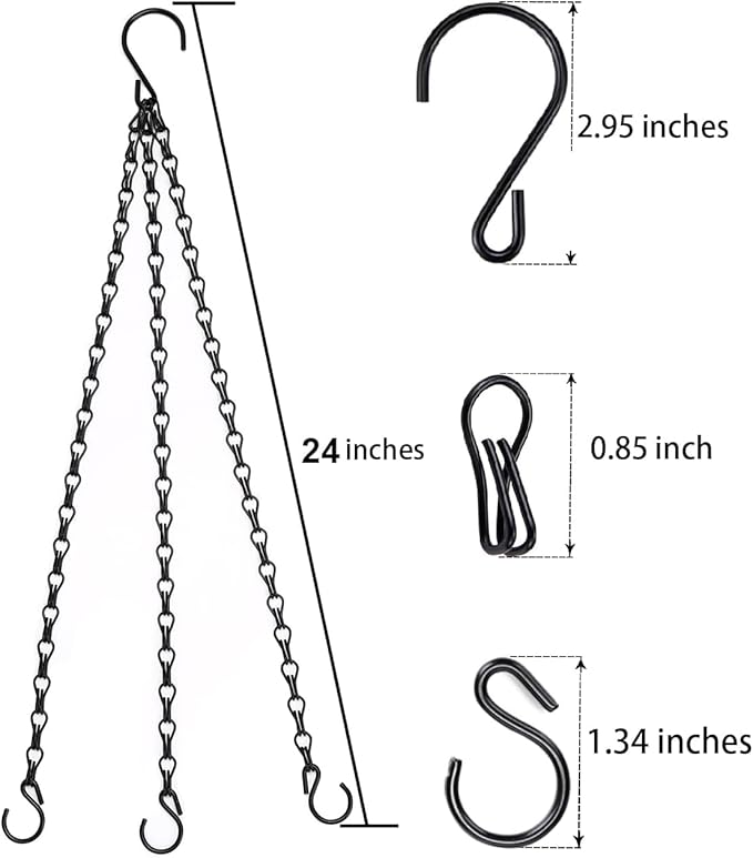 Heybe 24 Inch Hanging Basket Chains with Hooks, 3 Point Hanging Flower Pot Chains 3 Leads,Set of 3, Black (24inch, 3 Point)