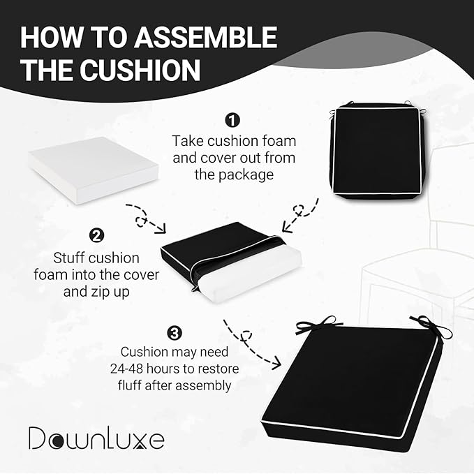 downluxe Waterproof Outdoor Chair Cushions Set of 2, 19" x 19" x 3" Patio Chair Cushion with Non-Slip Ties & Handle, Square Outdoor Cushion for Patio Furniture with Removable Cover, Black/White