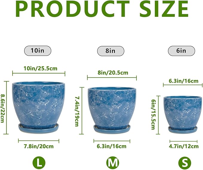 Ceramic Flower Pots - 10 Inch 8 Inch 6 Inch Plant Pots with Drainage Holes and Plant Saucers, Round Modren Planters for Indoor Outdoor, Garden Decor, Gifts for Plant Lovers, Set of 3, Blue