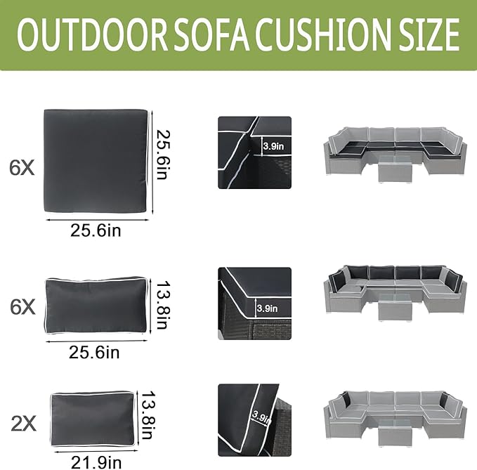 14Piece Outdoor Sofa Cushion Replacement, Patio Furniture Waterproof Cushion with Zippers, fit 6-Seat Outdoor Wicker Rattan Sectional Couch (Black + White Edge, 25.6"x25.6"x3.9")