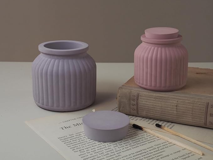 Storage Box With Lids, Silicone Candle Jar Molds Set, Creative Vessels Pot Molds, Concrete Round Stripe With Cover Bottle Making Moulds for Holder (L-2Pcs)