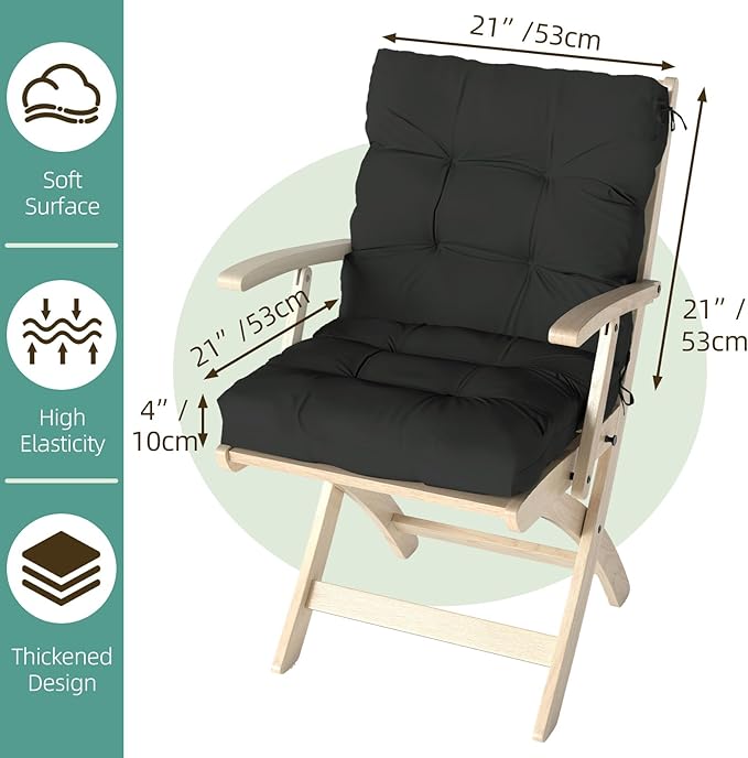 Outdoor Chair Cushions Set of 2, 42x21x4 Inch Patio Cushion for Dining/Rocking Chairs, High Back Soft Seat Pad with Ties, Indoor Outside Use, Fade-Resistant & Waterproof, Black