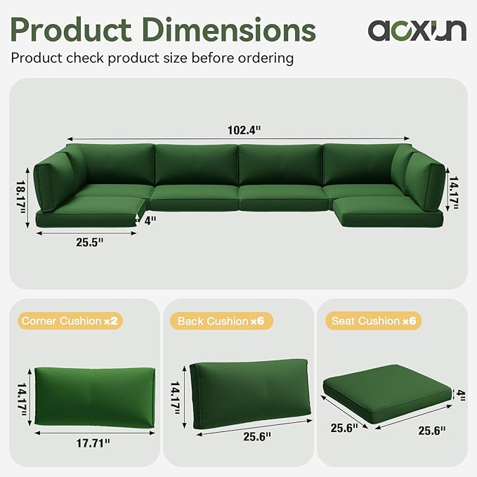 Aoxun Replacement Cushions for Outdoor Furniture, 14-Piece Outdoor Cushions for Patio Furniture, Deep Seat, Splash-Proof & Fade Resistant Couch Cushion for 6-Seat Patio Conversation Sets, Dark Green