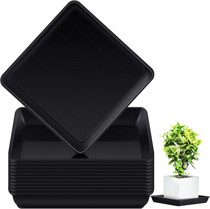 Wenqik 12 Pieces Plastic Square Plant Saucer Large Square Plant Tray Planter Water Tray Garden Plant Pot Drainage Dish Thick Water Receiving Tray for Pots Base Indoor and Outdoor, Black (10 Inches)