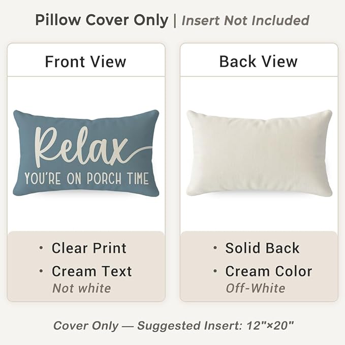 PANDICORN Decorative Throw Pillow Covers 12x20 Inch Relax Porch Time Dusty Blue Outdoor Rustic Farmhouse Lumbar Decorative Throw Pillow Cases Decorations for Patio Sofa Couch Decor