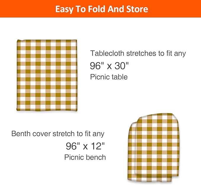 KENOBEE 8ft Picnic Table and Bench Cover, Camping Essentials RV Gear, 96 in Waterproof Windproof Outdoor Elastic All Around Tablecloth, Fitted Rectangle Tables and Seats, Coffee-White Checkered
