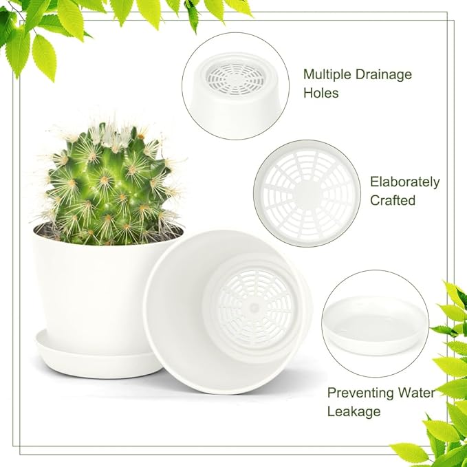 8 Pcs White Small Round Casual Plant Pots, Succulent Pots, Indoor/Outdoor, Resin Plastic, Drainage Hole, Polished Finish