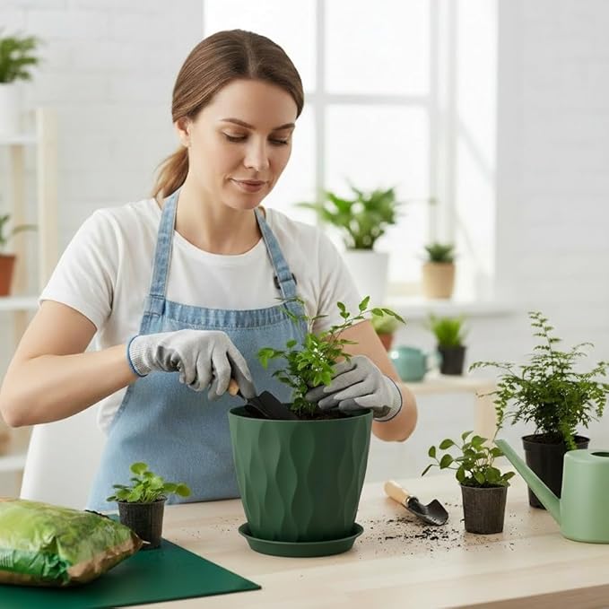 Plant Pots 8 Inch, 6 Pack Plastic Flower Pots for Indoor & Outdoor Plants, Planters with Drainage Holes and Saucer, Garden Pot for Plants (Deep Green)