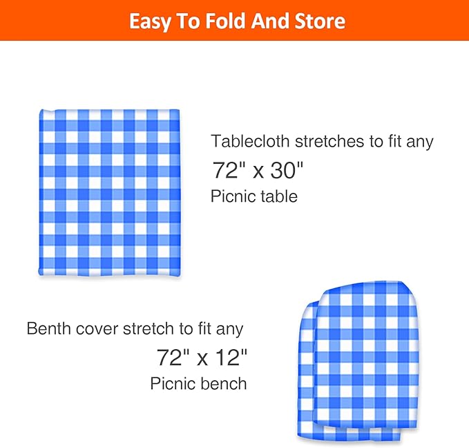KENOBEE 6ft Picnic Table and Bench Cover, Camping Essentials RV Gear, 72in Waterproof Windproof Outdoor Elastic All Around Tablecloth, Fitted Rectangle Tables and Seats, Blue-White Checkered