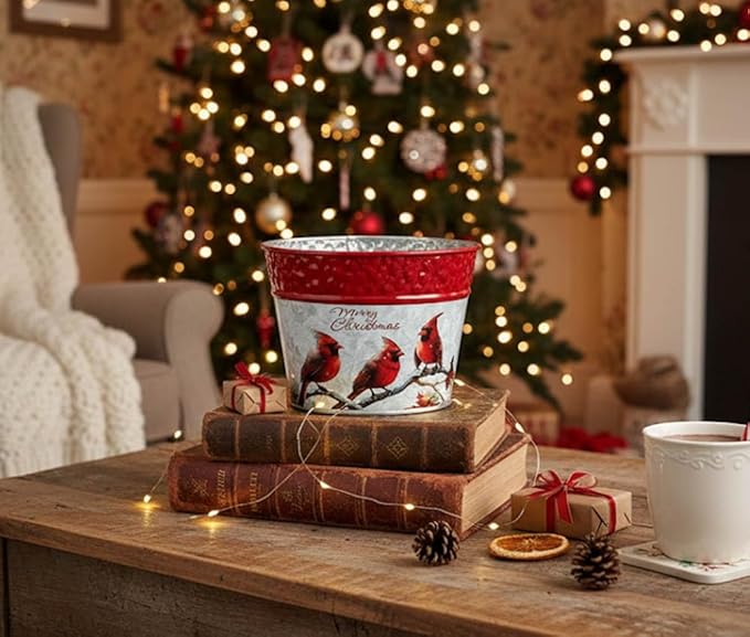 Napco 5 inch Rustic Metal Merry Christmas Cardinals Pot Cover with Indented Red Rim Festive Christmas & Holiday Decor