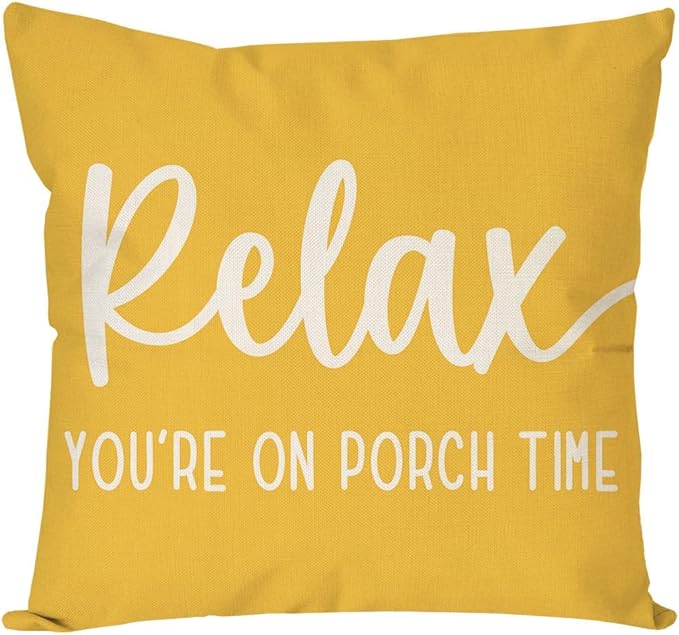 PANDICORN Farmhouse Throw Pillow Covers 18x18 Inch Relax Porch Time Yellow Outdoor Spring Summer Decorations Decorative Cushion Case for Front Porch Patio Couch Sofa Decor