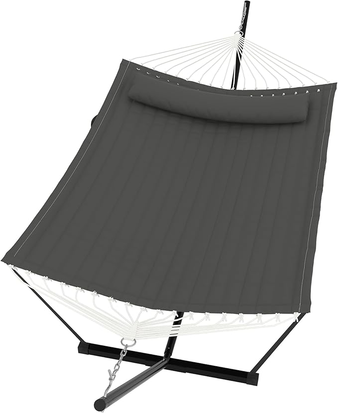 GarveeLife 2 Person Double Hammock with Stand and Pillow - 450 Lbs Capacity Heavy Duty Hammock with Balance Rope, Large Outdoor Hammock for Patio Backyard Poolside