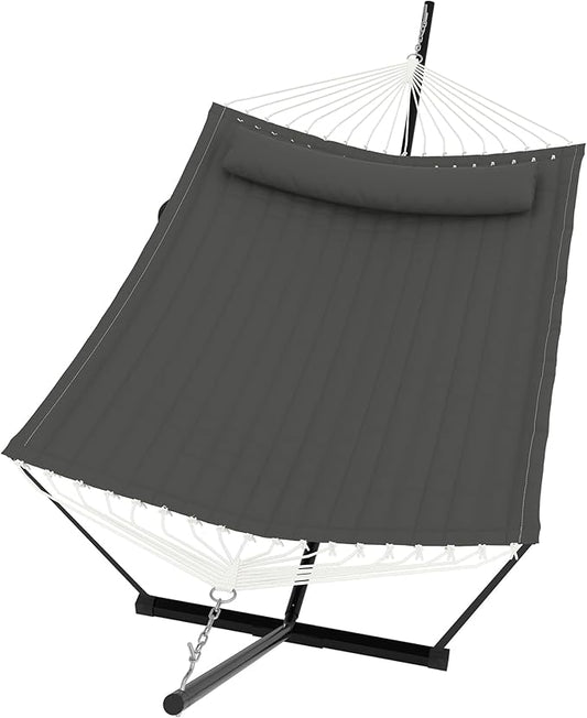 GarveeLife 2 Person Double Hammock with Stand and Pillow - 450 Lbs Capacity Heavy Duty Hammock with Balance Rope, Large Outdoor Hammock for Patio Backyard Poolside
