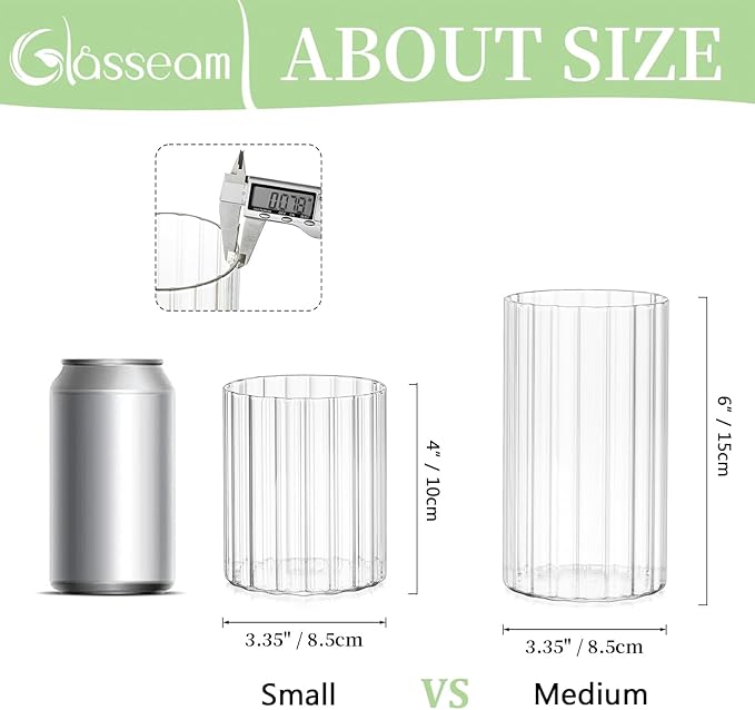 Glasseam Glass Cylinder Vases for Centerpieces: 12pcs Clear Ribbed Flower Vase for Pillar Candle - 6 Inch Modern Hurricane Floating Candle Holder for Wedding Table Centerpieces Living Room Home Decor