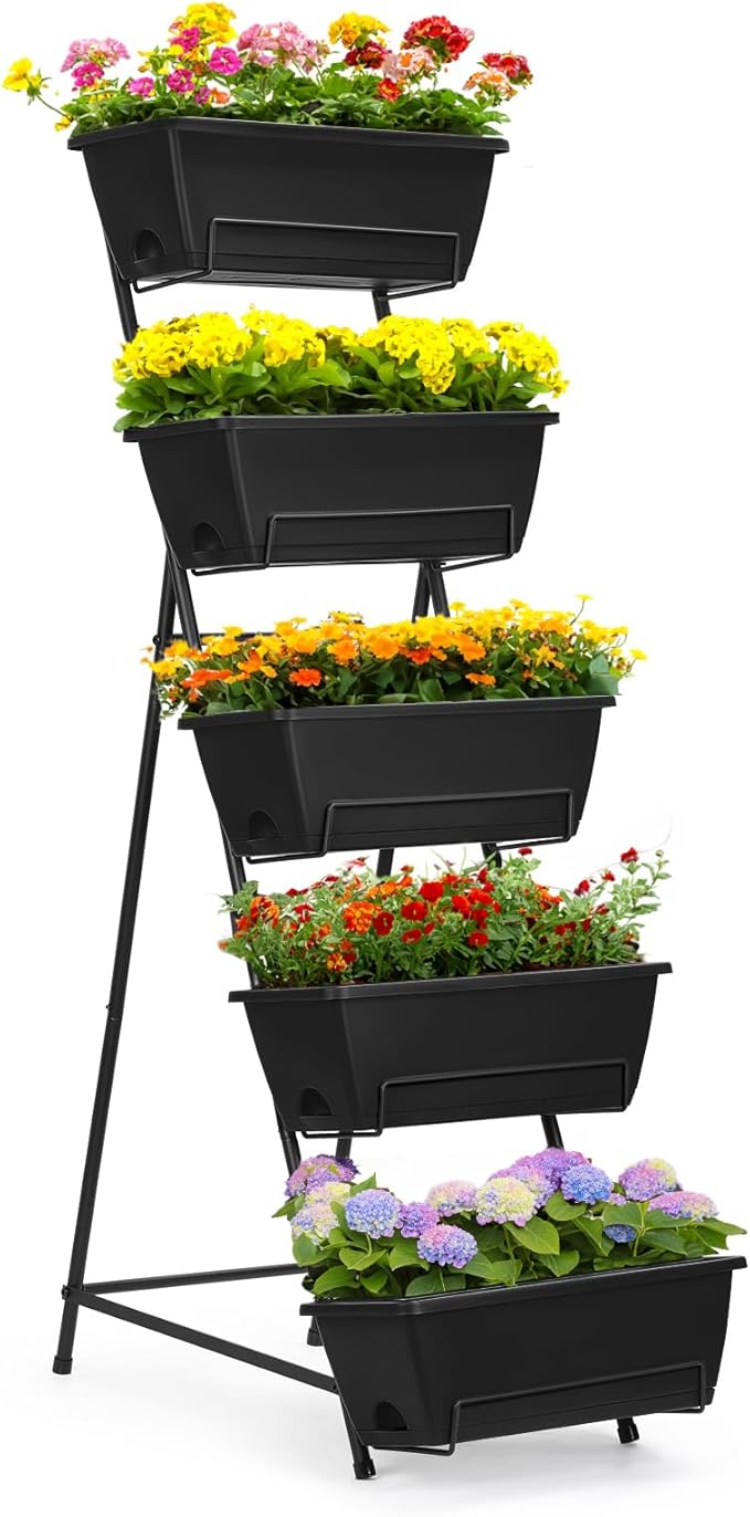 YBING Vertical Garden Planter 5 Tier Raised Garden Bed Outdoor Tiered Herb Garden Planter Standing Vertical Planter Box Flowers Vegetables Planters Black