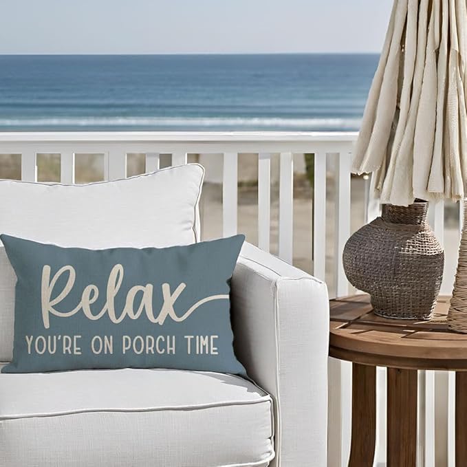 PANDICORN Decorative Throw Pillow Covers 12x20 Inch Relax Porch Time Dusty Blue Outdoor Rustic Farmhouse Lumbar Decorative Throw Pillow Cases Decorations for Patio Sofa Couch Decor