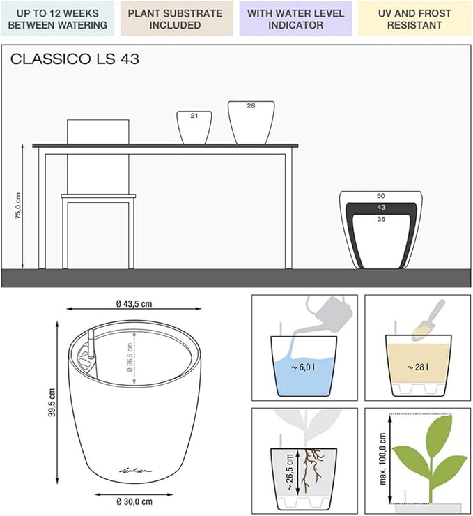 Lechuza Classico LS 43 Black High Gloss, Self-Watering Round Planter, D16.9 H15.7 in