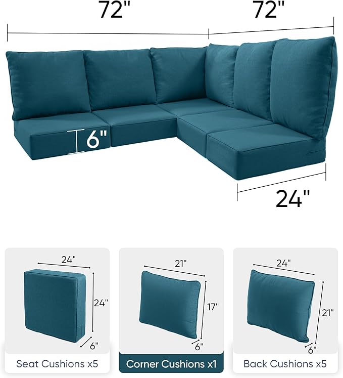 Luxury 24x24x6 Outdoor Cushions for 5-Seat Sectional Sofa Set of 5 - Water-Repellent 11-Piece Patio Cushion Set for Outside Rattan Wicker Loveseat Chair L-Shape Couch - Peacock Blue/Classic