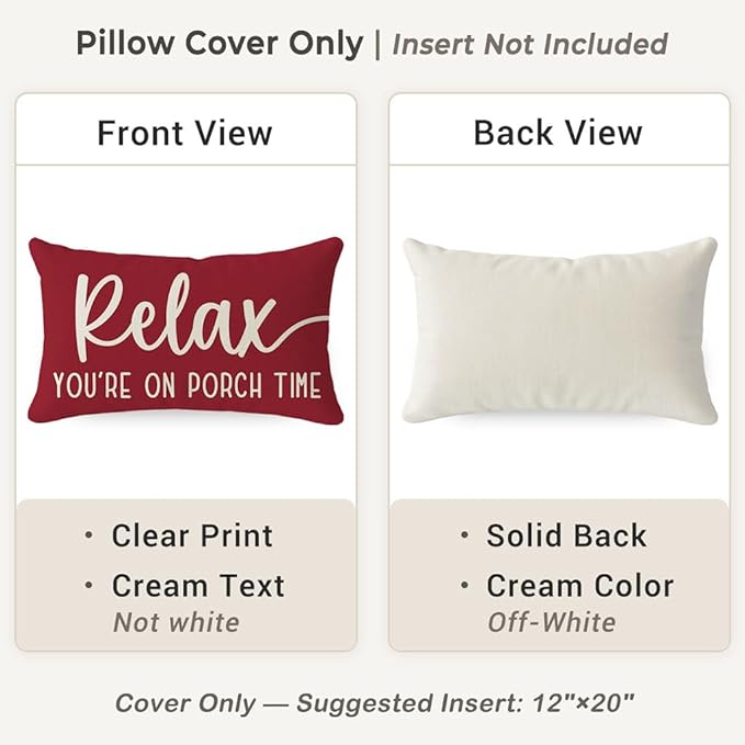 PANDICORN Decorative Throw Pillow Covers 12x20 Inch Relax Porch Time Crimson Red Outdoor Farmhouse Holiday Christmas Patio Decorations Lumbar Decorative Cushion Case for Front Porch Couch Bench Decor