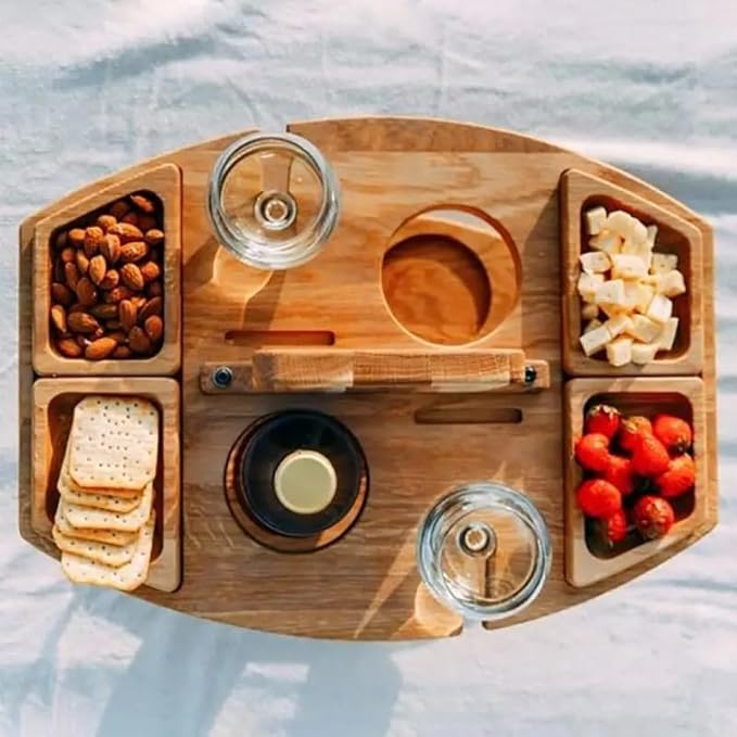 Folding Wooden Picnic Table with Wine Glass Holder - Portable Camping Table for Beach, Park & Outdoor Use, Champagne and Beverage Stand
