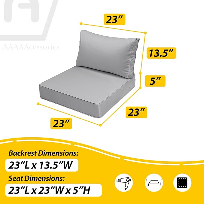 AAAAAcessories Outdoor Seat Cushions for Chairs, Fade-Resistant, Waterproof Patio Furniture Replacement Cushions, 23" x 23" x 5" + 23" x 13.5", Set of 2, Gray