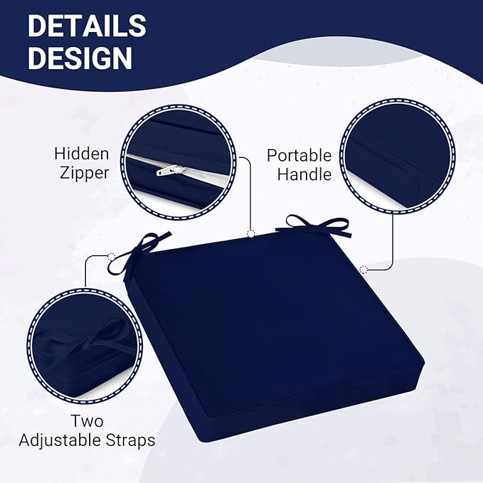downluxe Waterproof Outdoor Chair Cushions Set of 2, 19" x 19" x 3" Patio Chair Cushion with Non-Slip Ties & Handle, Square Outdoor Cushion for Patio Furniture with Removable Cover, Navy